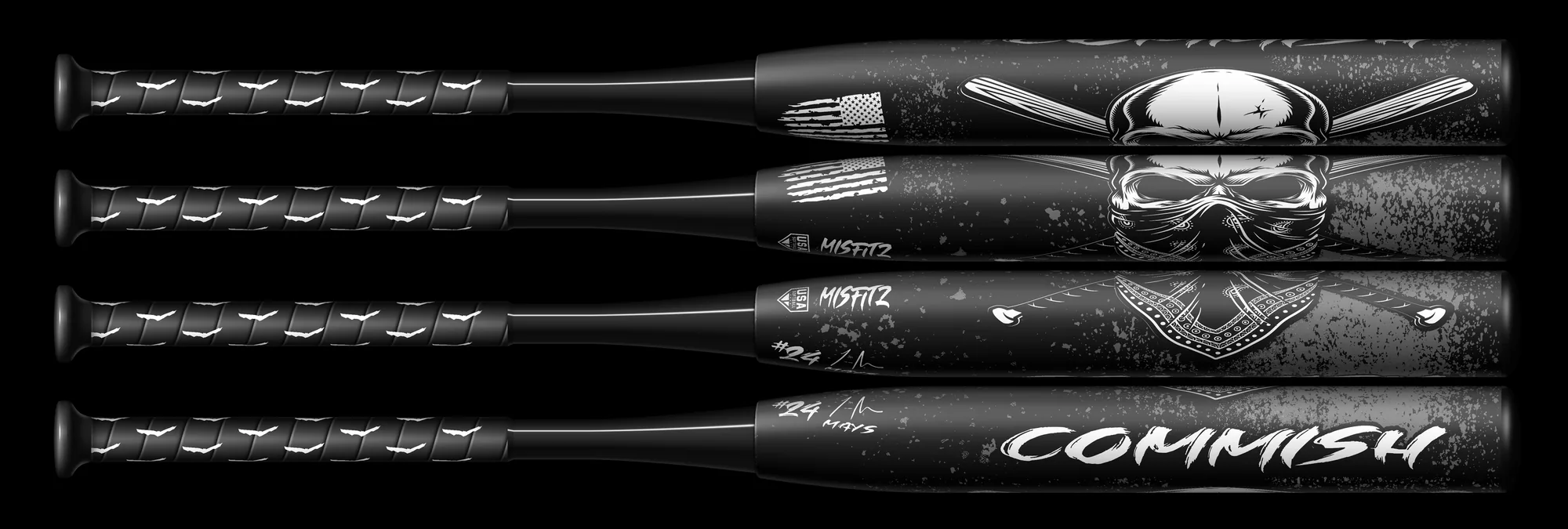 Black bat shown from four sides: a white bandana skull over crossed bats, grey speckle, and COMMISH across the barrel.