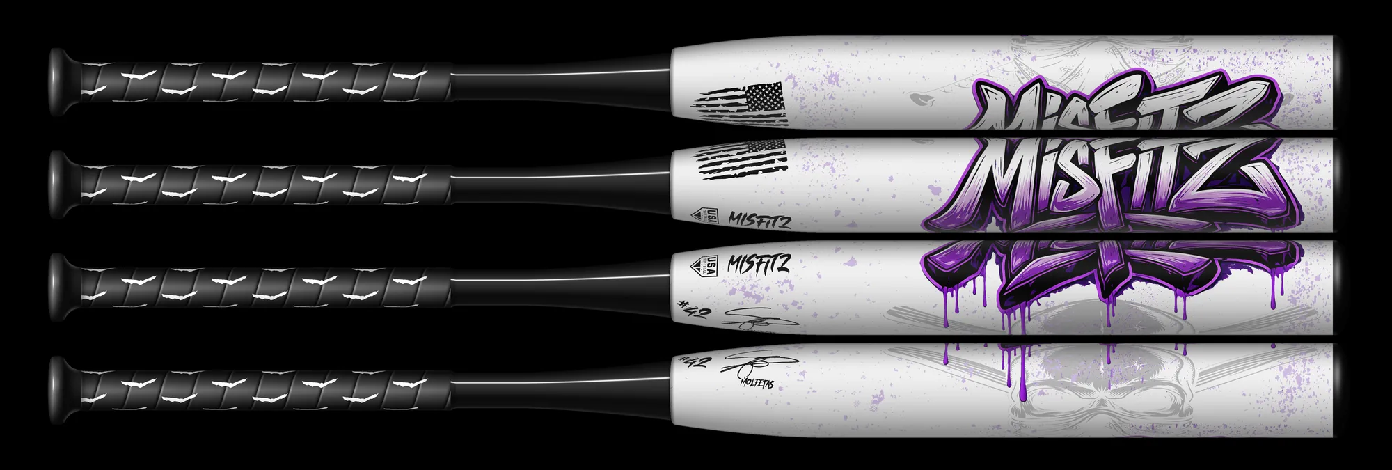 White bat shown from four sides: the purple Misfitz graffiti wordmark with drips, purple speckle, and a faint grey skull over crossed bats.
