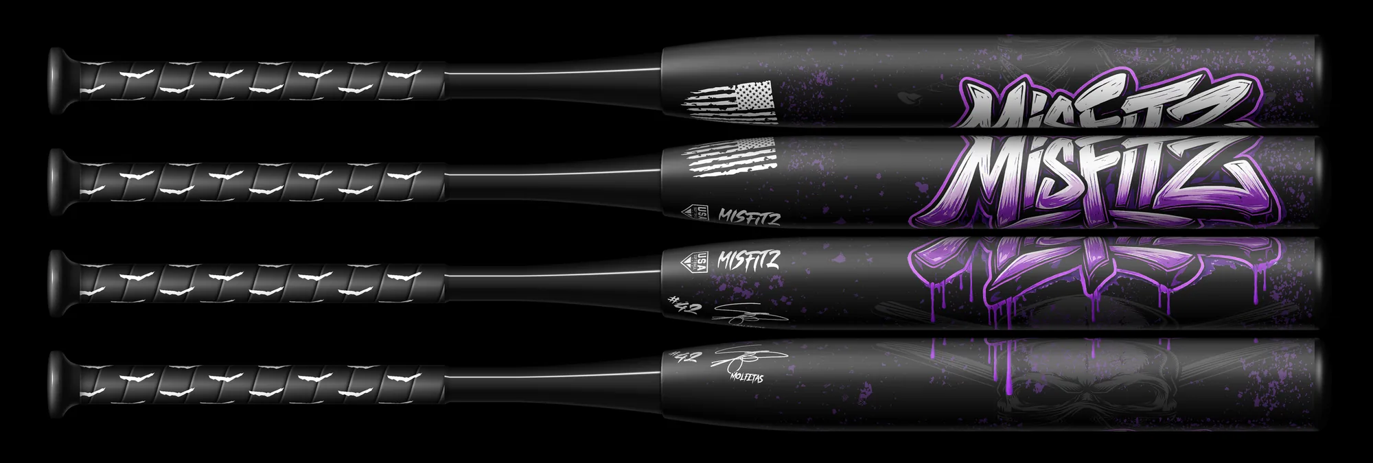 Black bat shown from four sides: the purple Misfitz graffiti wordmark with drips, purple speckle, and a faint white skull over crossed bats.
