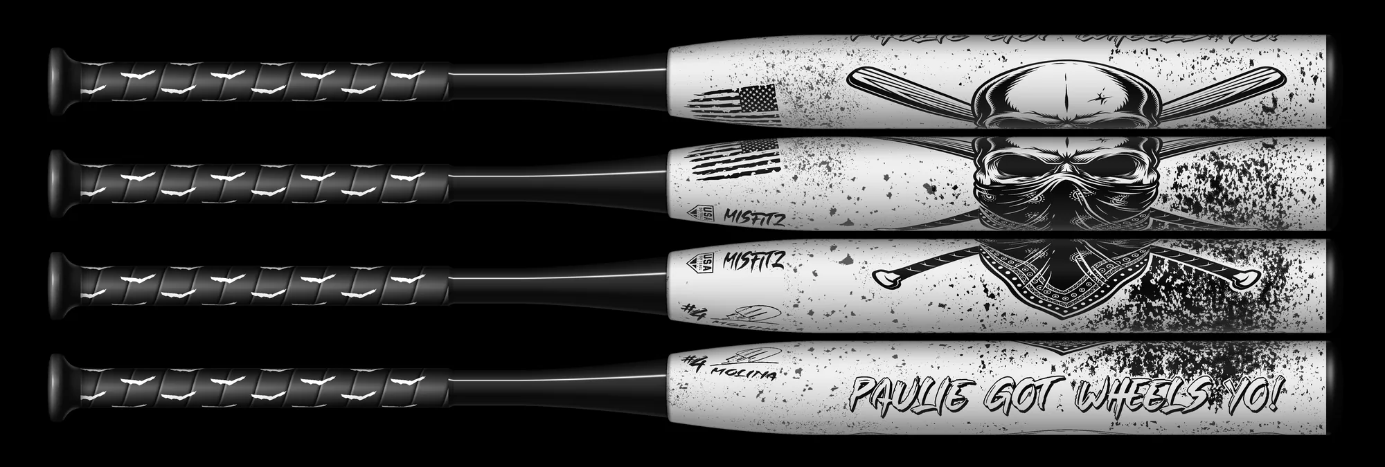 White bat shown from four sides: a black bandana skull over crossed bats, black speckle, and PAULIE GOT WHEELS YO! across the barrel.